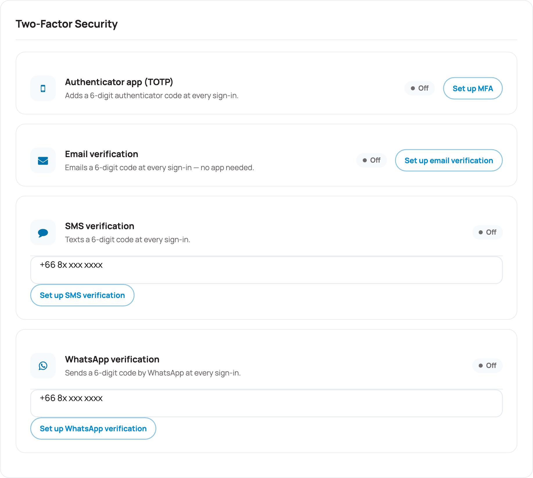 The Two-Factor Security section with all four verification methods