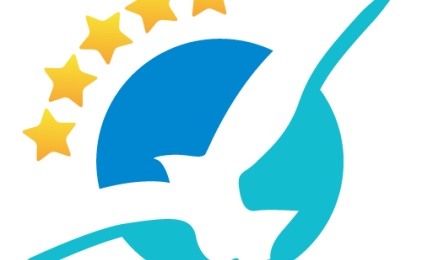 Abstract graphic with blue and turquoise sail shapes and yellow stars on white background