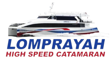 Catamarán rápido Lomprayah con franjas azules y rojas