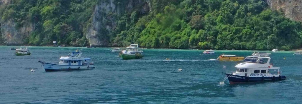 Moored boats in turquoise water with limestone cliffs and tropical forest in background